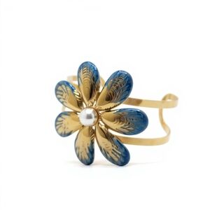 Floral Gold and Blue Cuff Bracelet